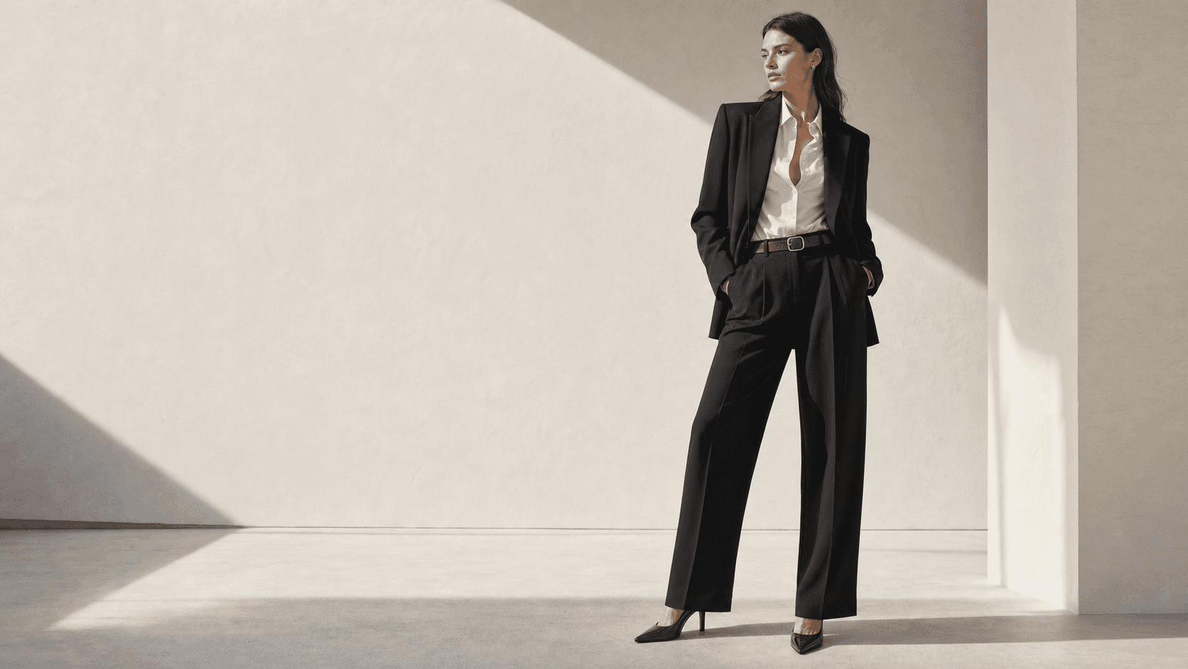 Minimal neutral tailoring in a studio