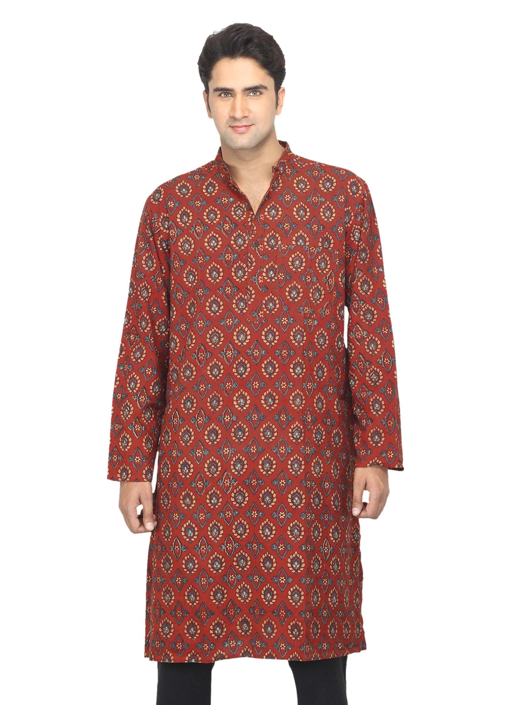 Fabindia Men Printed Maroon Kurta
