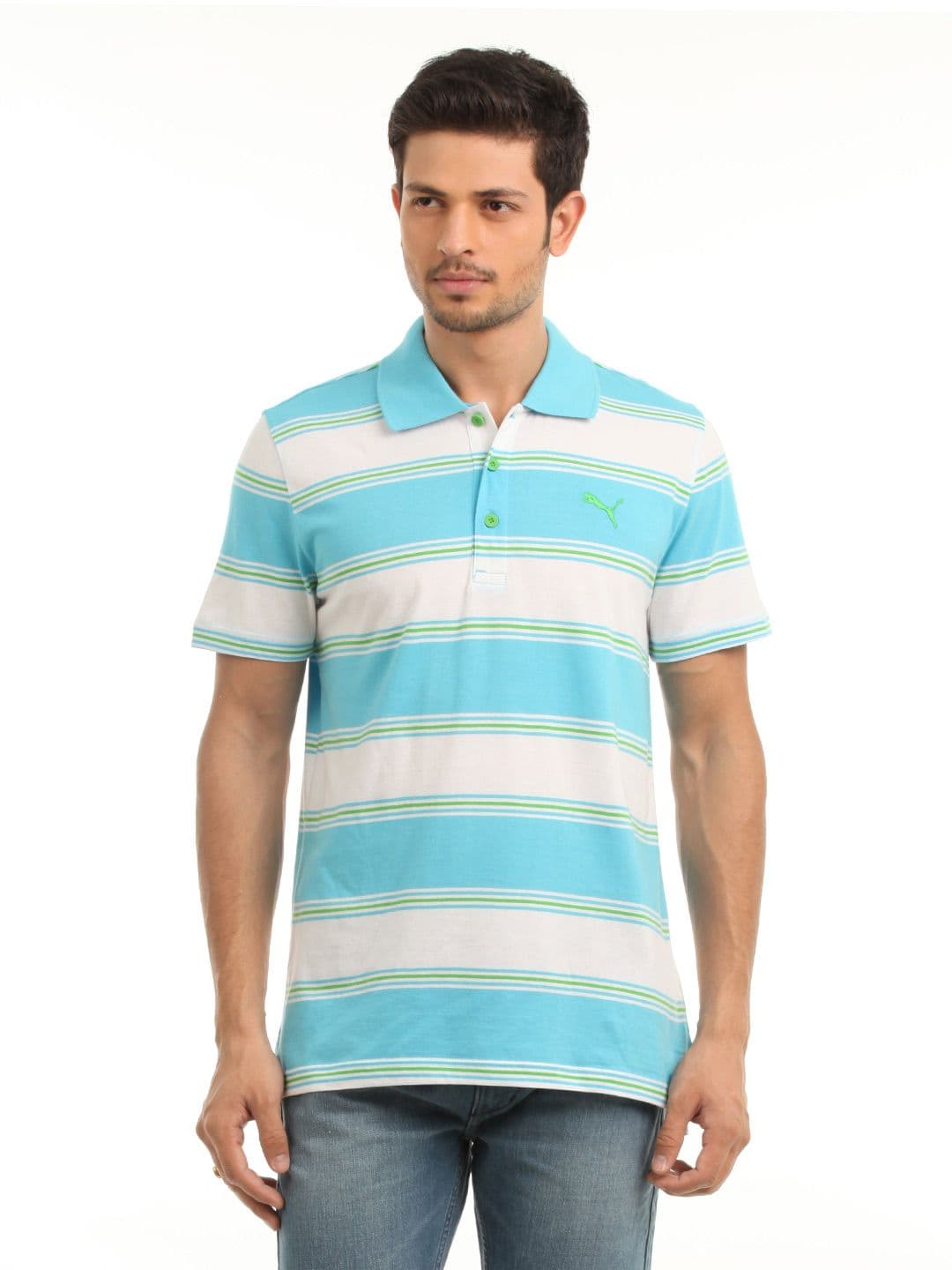 Puma Men Blue Striped Polo T-shirt