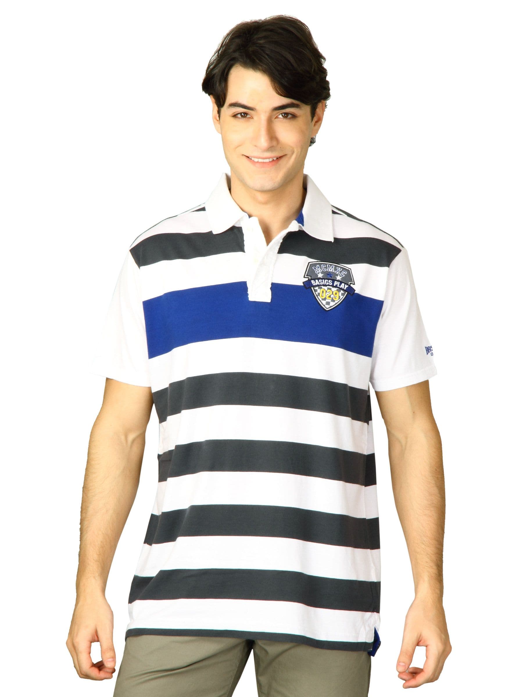 Basics Men White & Blue Polo T-shirt