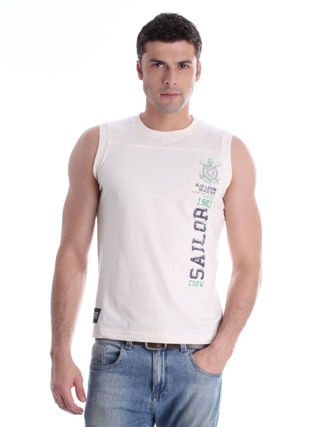Proline Men Cream-Coloured Sleeveless T-shirt with Printed Detail