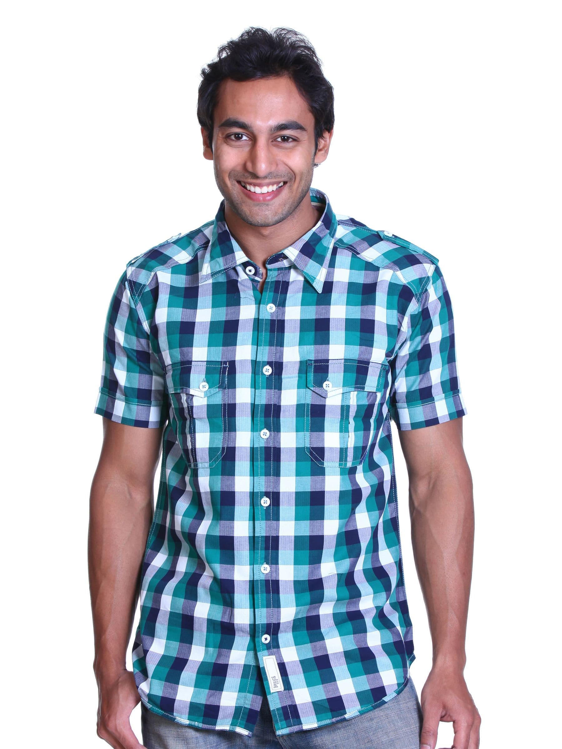 Basics Men White & Green Slim Fit Shirt