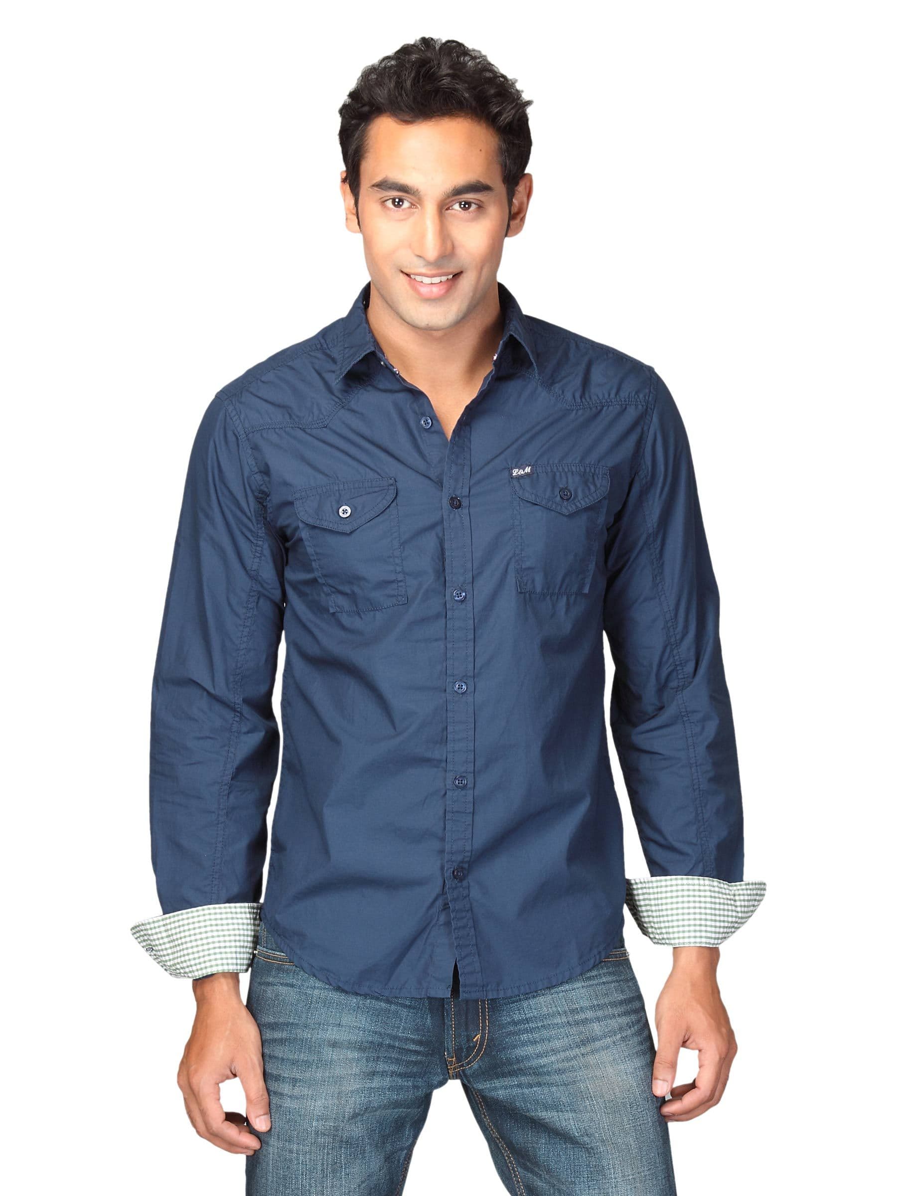 Locomotive Men Solid Poplin Lam Navy Blue Shirts