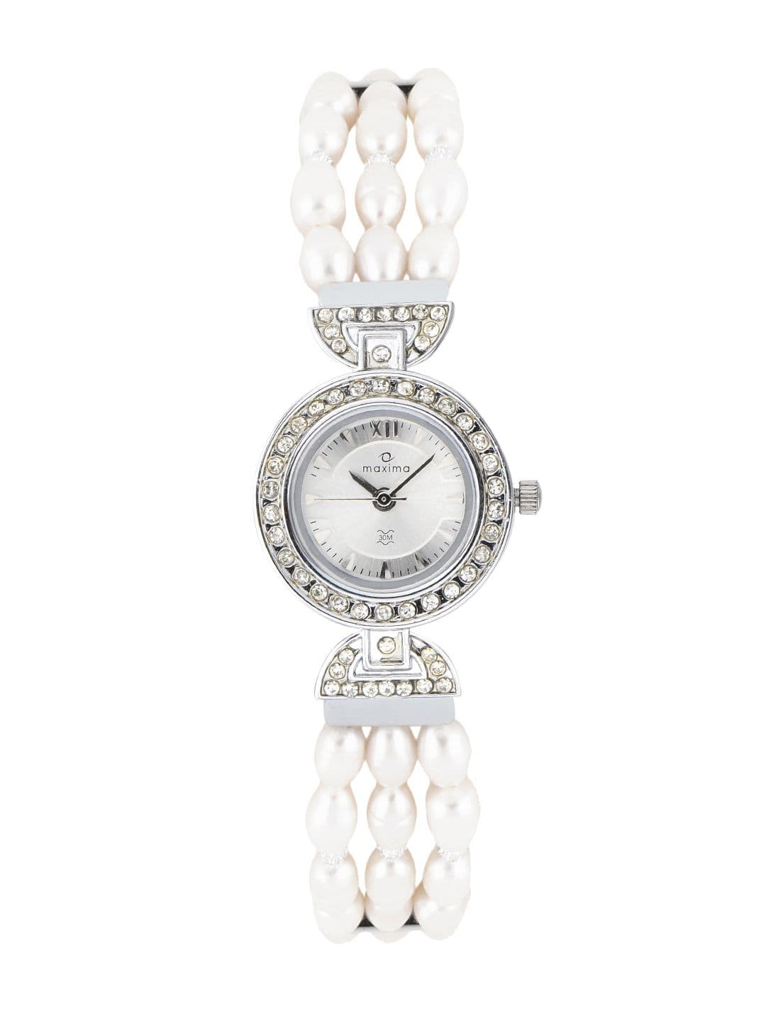 Maxima Women Silver Dial Pearl Strap Watch