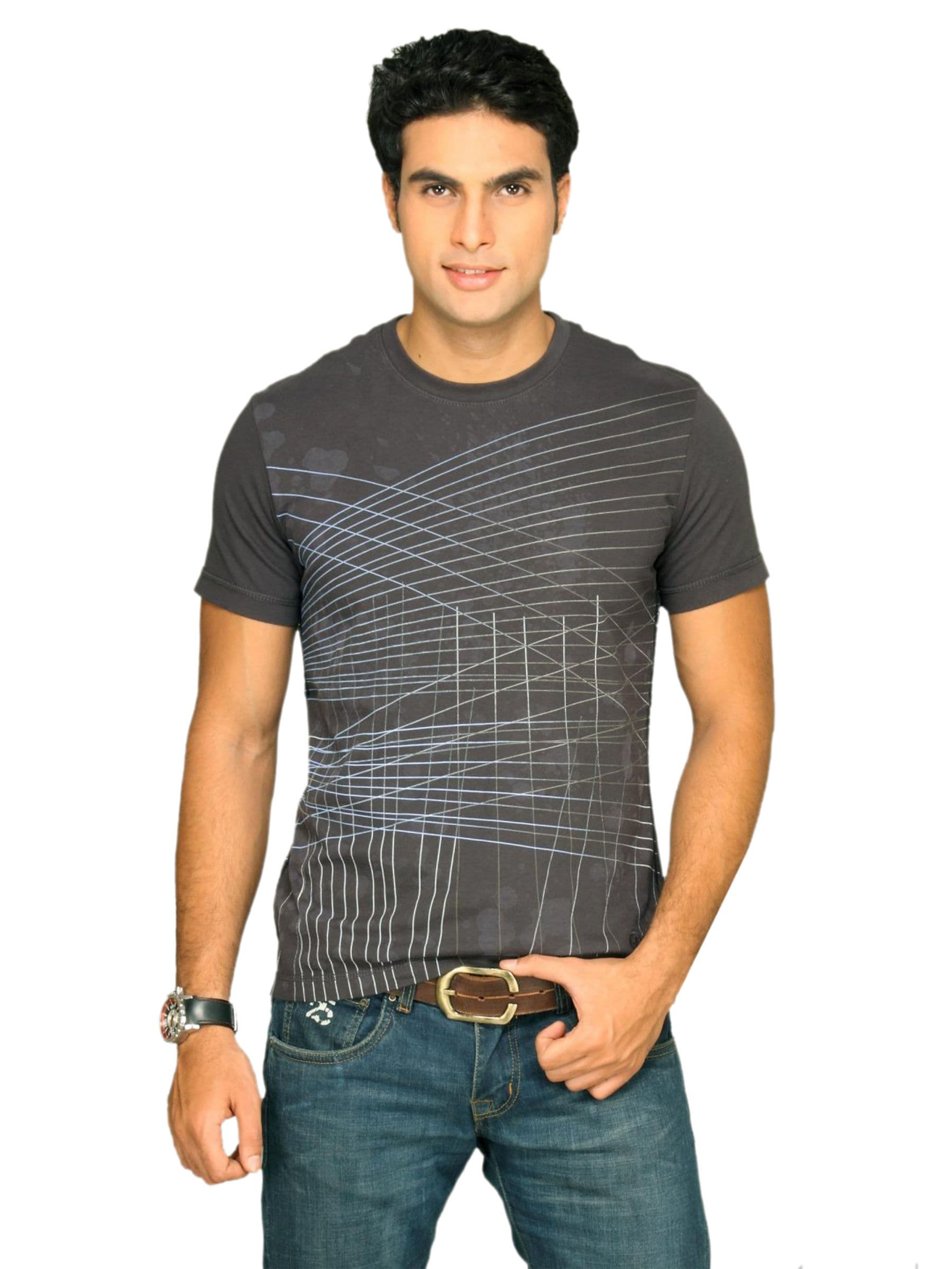 s.Oliver Men's Line Printed Dark Grey T-shirt