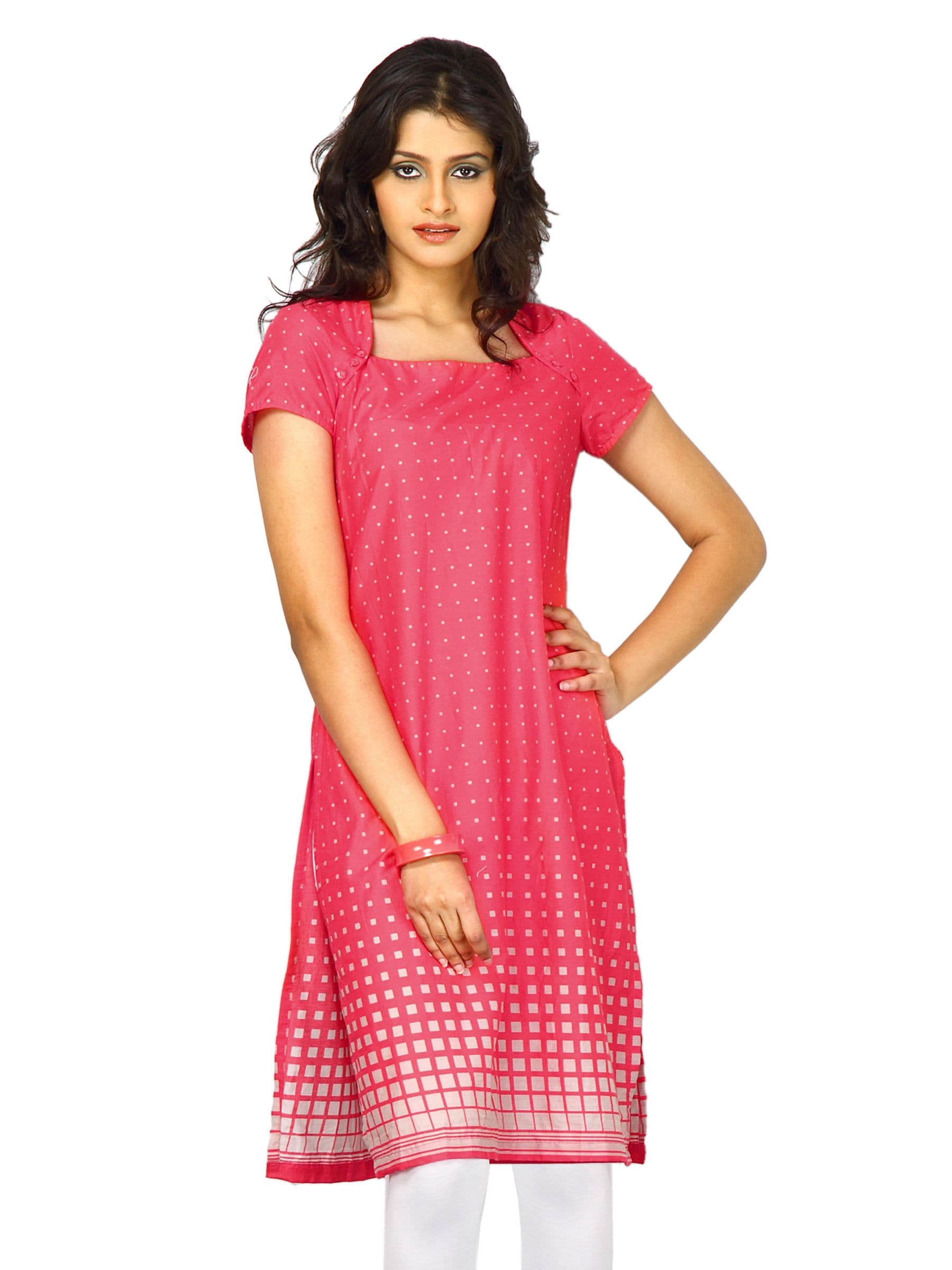 W Women V Neck Short Sleeve Pink Kurta